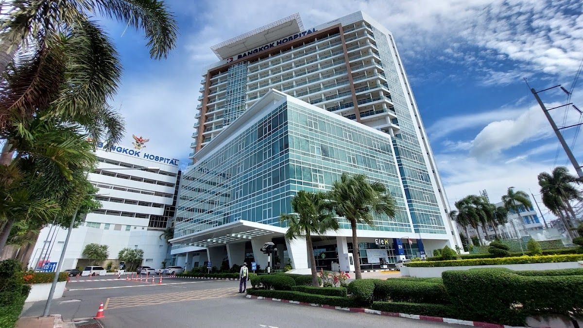 Exterior of Bangkok Hospital Pattaya on Sukhumvit Road, the city's only JCI-accredited private hospital
