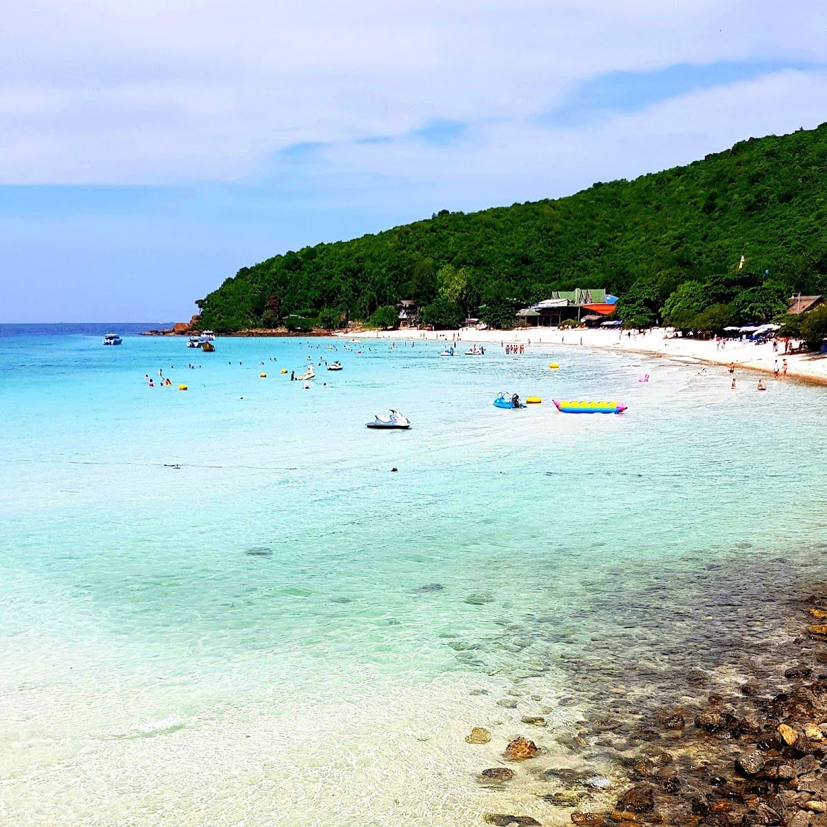 Snorkeling in crystal clear water near Koh Sak island Pattaya — coral reef and tropical fish visible below the surface